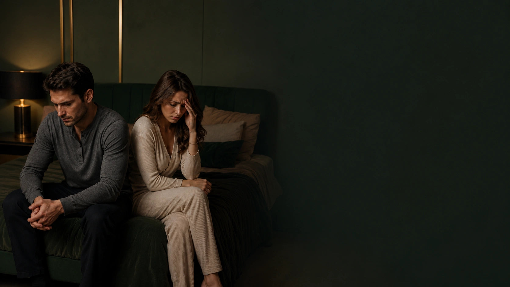 A disappointed couple sitting apart on a bed in a dark green bedroom, representing nervous and rushed intimate moments before using Napattiga delay spray.