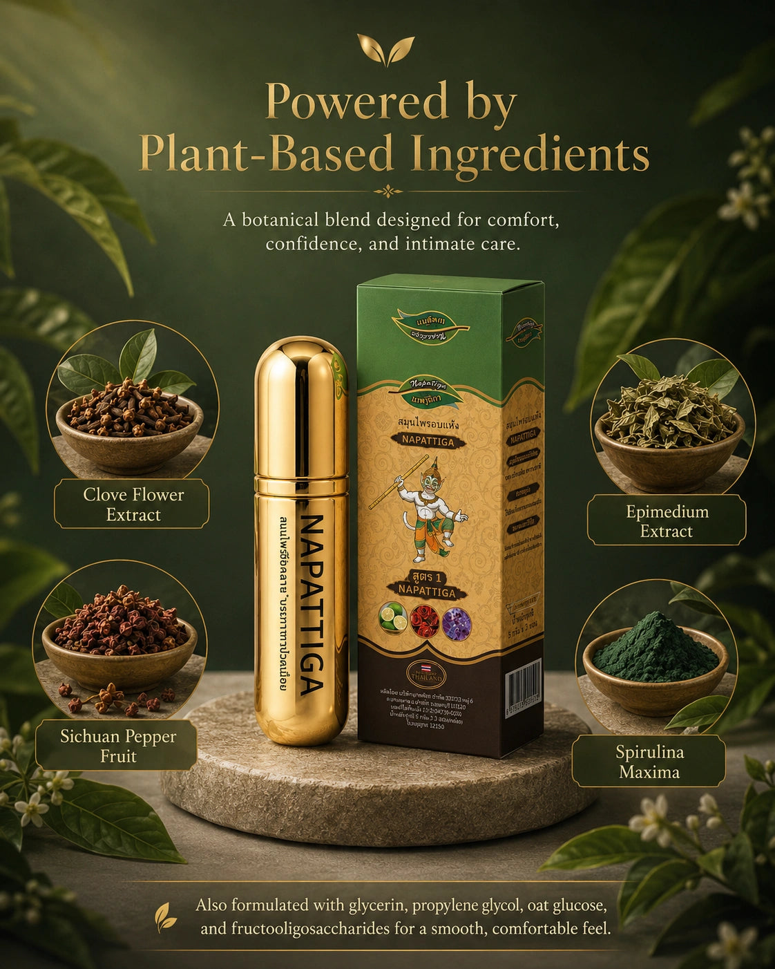Napattiga delay spray and product box displayed with plant-based ingredients including clove flower, Sichuan pepper fruit, epimedium extract, and spirulina maxima.